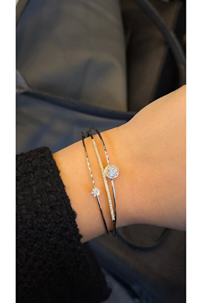 ZEYCE سوار ذهبي دائري مكون من 3 قطع على شكل مشبك باجيت، يتميز بأشكال مختلفة م...