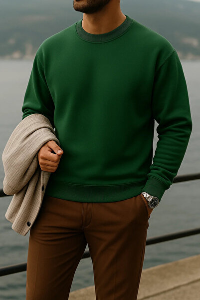 COMBİNE MİCHAİL Men's Thick Crew Neck Casual Z. Green Sweater