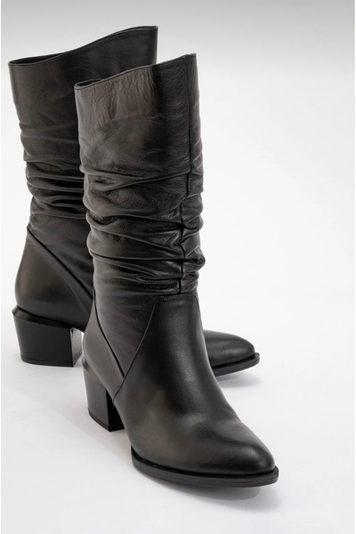 Yılmaz Exclusive Women's Genuine Leather Black Western Ankle Boots with Heels