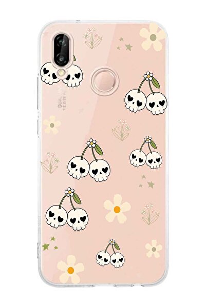 FLAMENKO Huawei P20 Lite Compatible Cherry Skull Pattern Transparent Phone Case