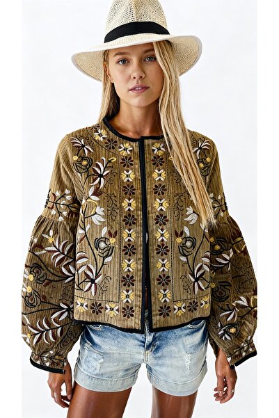 Matcha Butik سترة نسائية مطرزة بنمط عرقي وأكمام بالون - لون كاكي فاتح