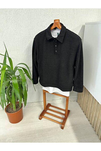 Erkek Yarım Oversize Polo Yaka Rahat Kalıp Kalın Kışlık Sweat Kazak