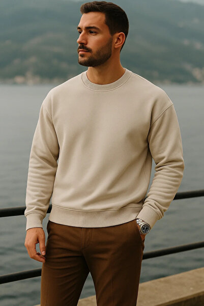 COMBİNE MİCHAİL Pulover pentru bărbați, gros, guler rotund casual, crem