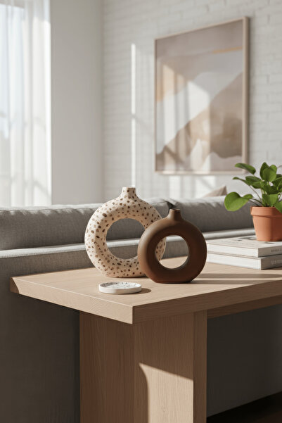 aden home Modern Boho Halka Vazo Seti 2’li | Bej Benekli & Kahverengi Yuvarla...