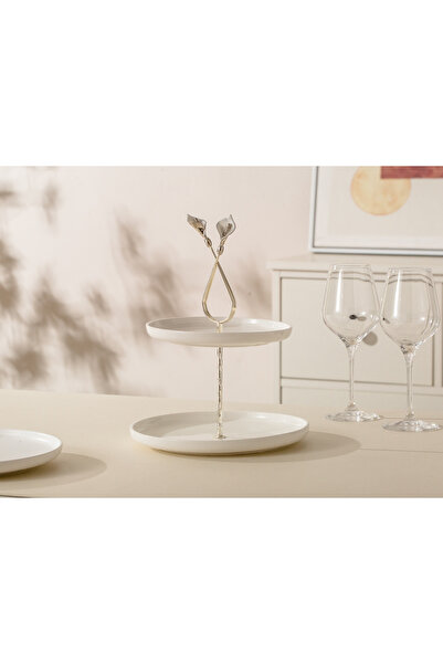 Malooki Round two-tier porcelain serving stand with metal details – 24.7 × 31.5 cm