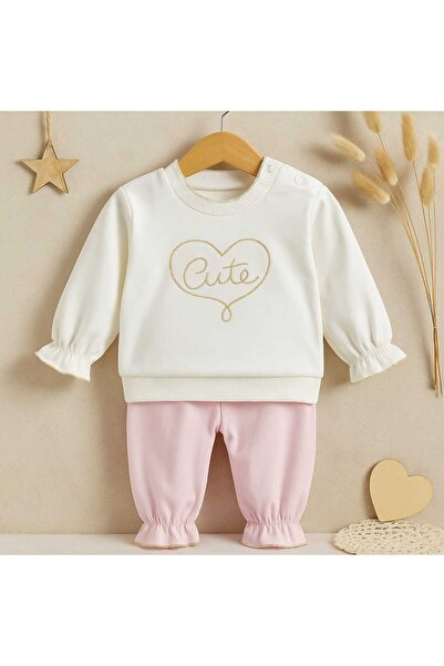 krm kerem bebe Sim Detaylı Şık Düz İkili Kız Bebek Takım