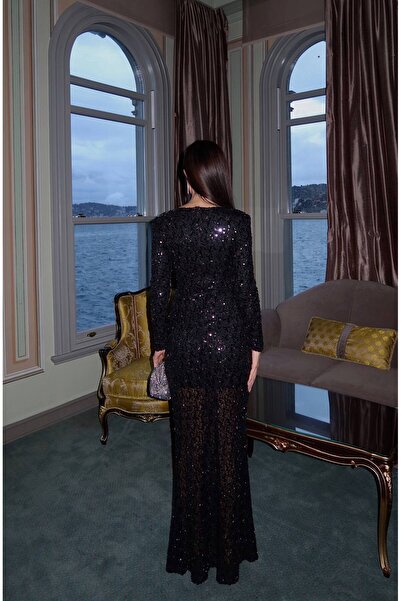 Julidress Black V-Neck Lined Slit Maxi Long Length Premium Sequined Dress