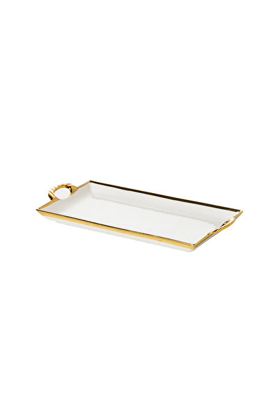 Malooki Porcelain serving platter with textured gold handles, 40.5×20 cm