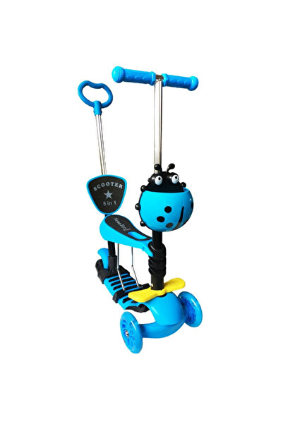 JHT Trotinetă 5 în 1 pentru copii cu roți LED, mâner de împingere, scaun cu spătar - Albastră