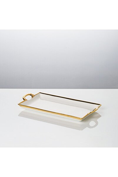 Malooki Porcelain serving platter with textured gold handles, 40.5×20 cm