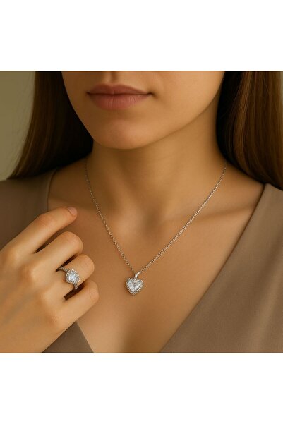 POLENİSTA Kadın Gümüş Zirkon Taş Detaylı Çelik Set Kolye Ayarlanabilir Yüzük Takımı & Kırmızı Hediye Kutulu