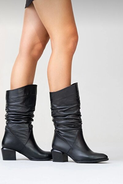 Yılmaz Exclusive Women's Genuine Leather Black Western Ankle Boots with Heels