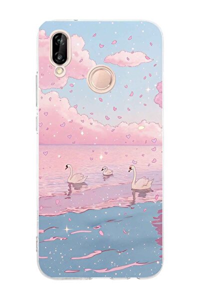 FLAMENKO حافظة هاتف شفافة متوافقة مع هاتف هواوي P20 لايت بنمط السماء الوردية ...