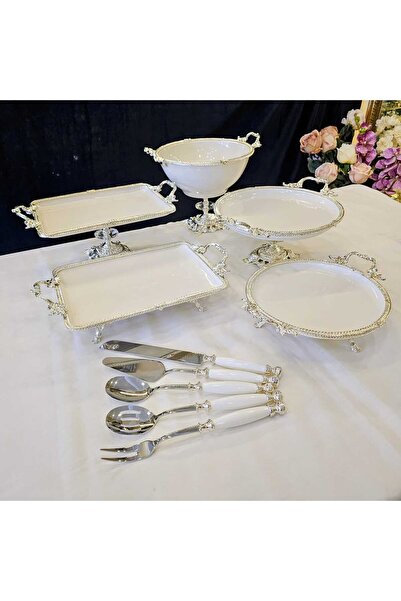 MaviDamla Cast Iron Edge Frame Footed Porcelain Presentation Set Silver 10 Pieces