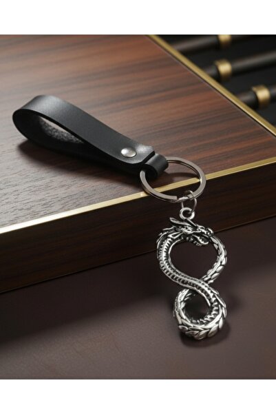 E&F Takı Leather Keychain Dragon Snake Design Black Real Leather Keychain