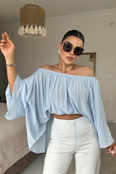 Eswomes Collar Elasticated Bat Sleeve Oversized Blouse Baby Blue