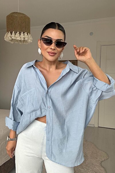 Eswomes Off-Shoulder Oversized Shirt Light Blue