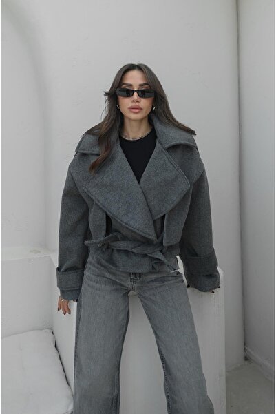 Havoş Κοντό παλτό από κασμίρ με ζώνη ανθρακί χρώματος Rajan