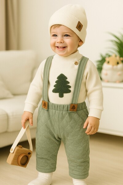 Childona Baby Kids Quilted Salopet Turtleneck Corded Fabric Fabric Badi Hat with Embroidery Detail 3-Piece Winter Baby Boy Set