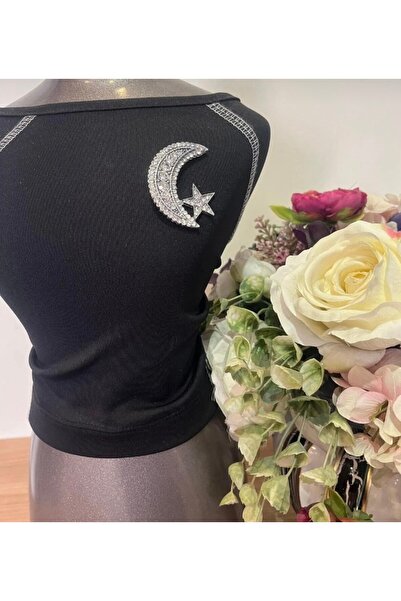 MODA Mineleşarp Moon and Star Symbol Stone Inlaid Silver and Gold Colored Luxury Brooch