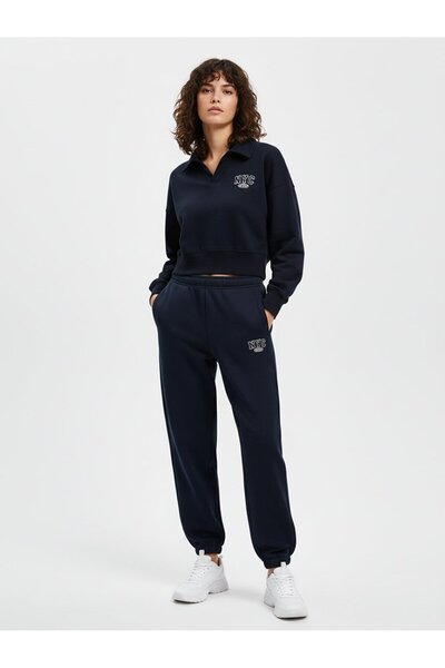 Ltb Світшот з коміром поло, принтом слогана та кроєм кроп, темно-синій