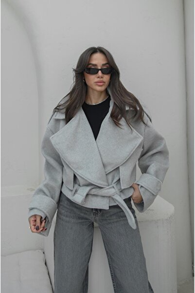 Havoş Γκρι κοντό παλτό με καστανό χρώμα με ζώνη Rajan