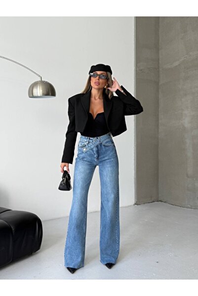 MEECY Pantaloni de damă talie înaltă cu detaliu curea Palazzo material elastic din denim