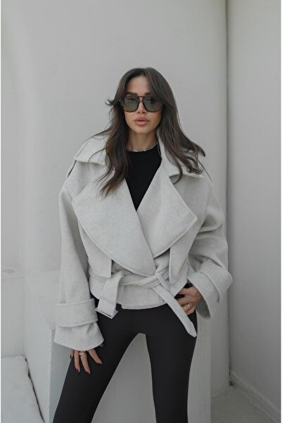 Havoş Κοντό παλτό από κασμίρ με ζώνη Ecru Rajan