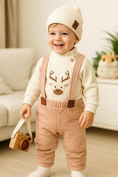 Childona Baby Kids Quilted Salopet Turtleneck Corded Fabric Fabric Badi Hat with Embroidery Detail 3-Piece Winter Baby Boy Set