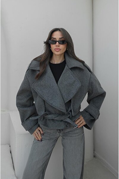 Havoş Κοντό παλτό από κασμίρ με ζώνη ανθρακί χρώματος Rajan