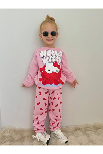 ARBİ kids Girls' Hello Kitty Three-Thread Non-Embroidered Fabric Pink Two-Piece Suit