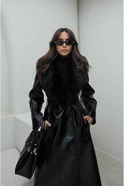 Havoş Black Buono Fur Collar Leather Coat