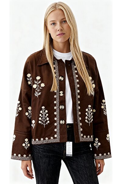 Matcha Butik Women's Bohemian Floral Embroidered Lace-Up Brown Jacket