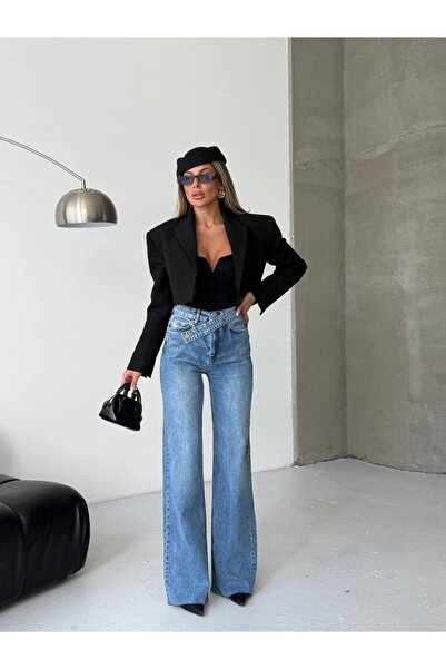 MEECY Pantaloni de damă talie înaltă cu detaliu curea Palazzo material elastic din denim