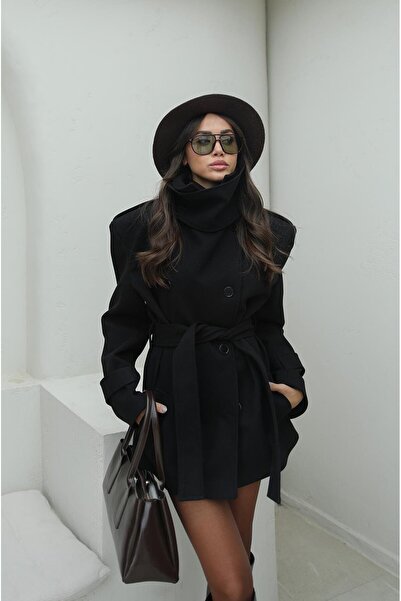 Havoş Black Mock Neck Shoulder Pad Piece Belted Coat