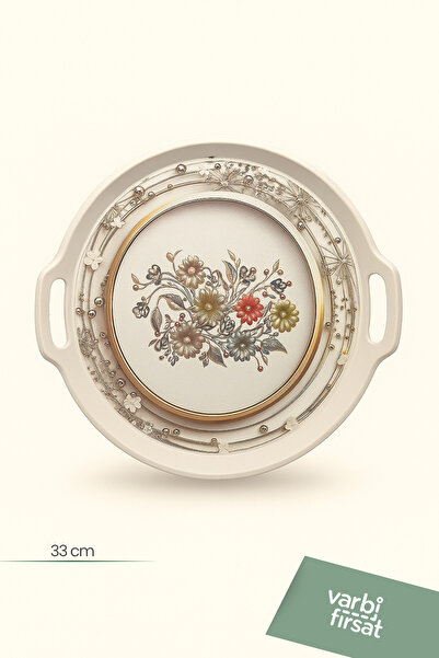 Varbifırsat 33 cm Floral Patterned Round Presentation Tray – Serving Tray with Handles and Non-Slip Base