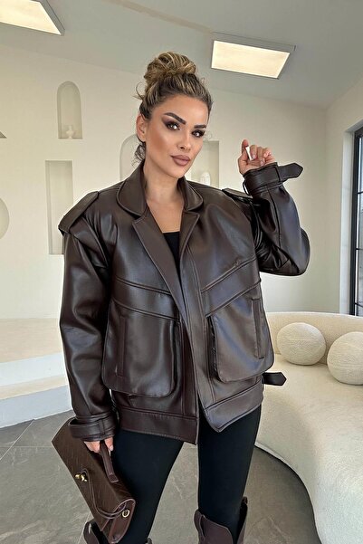 Eswomes معطف جلدي عالي الجودة بلون بني غامق