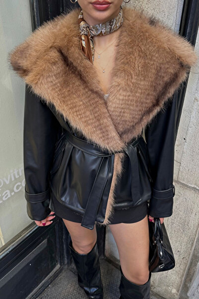 ASEDE Premium Fur Collar Tied Leather Jacket Coat