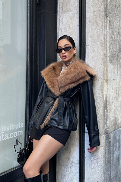 ASEDE Premium Fur Collar Tied Leather Jacket Coat