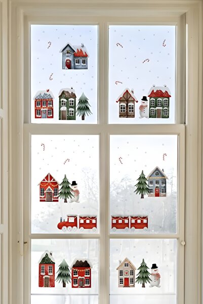 Grafikup New Year Snowy Village Houses Glass Wall Sticker Set - New Year Decoration Decor Set