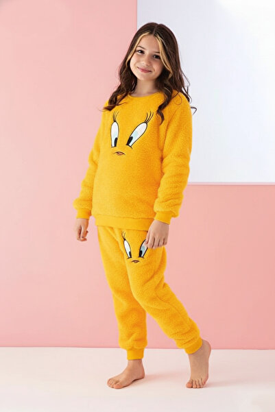 Mrs Justin Kız Çocuk Welsoft Sarı Civciv Sevimli Figürlü Peluş İkili Pijama Takımı
