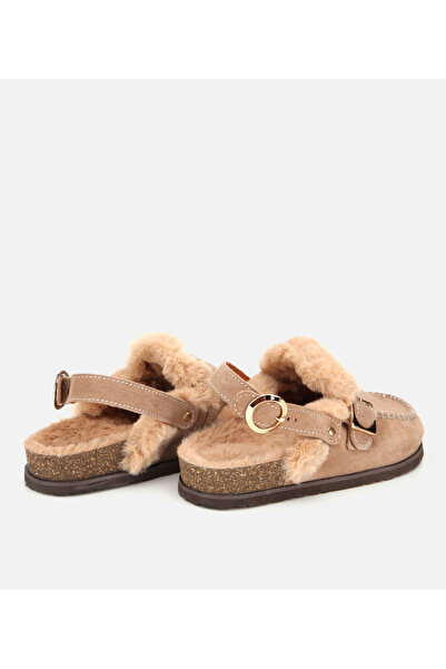 Hotiç Kadın Süet Deri Bej İçi Kürklü Sabo Terlik