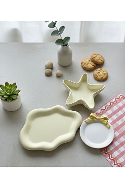 Hommark Butter yellow üçlü tabak seti, bulut yıldız fiyonk dekoratif tabak sa...