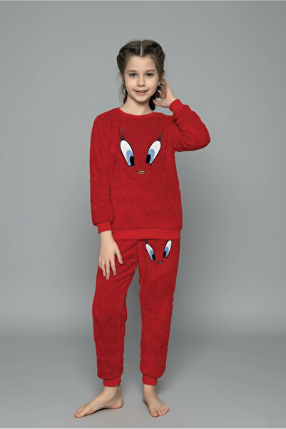 Mrs Justin Kız Çocuk Welsoft Kırmızı Civciv Sevimli Figürlü Peluş İkili Pijama Takımı