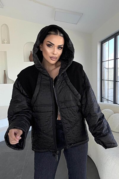 Eswomes Patterned Knitwear Design Coat Black