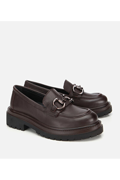 Hotiç Kadın Deri Kahverengi Tokalı Yüksek Tabanlı Klasik Loafer