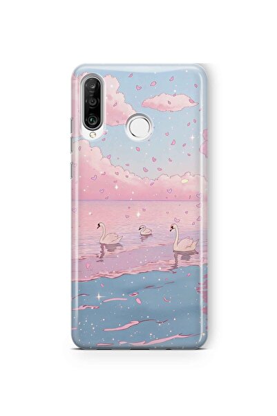 FLAMENKO حافظة هاتف شفافة متوافقة مع هاتف هواوي P30 لايت بنمط السماء الوردية ...