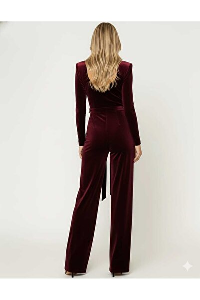 MF BUTİK Kruvaze Yaka Kuşaklı Kadife Abiye Tulum