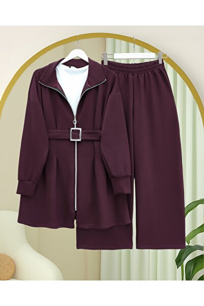 Şule Giyim Önü fermuarlı kat detaylı kemerli takım