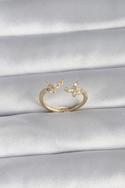 shopwave خاتم نسائي نحاسي ذهبي اللون مرصع بحجر الزركون على شكل فراشة